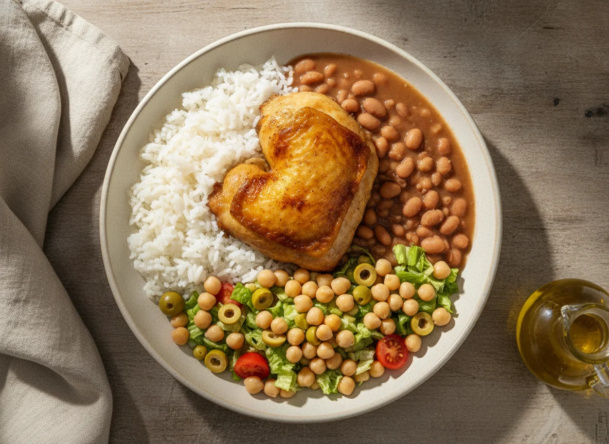 Prato Feito com Frango Assado, Arroz, Feijão e Salada de Grão-de-Bico photo