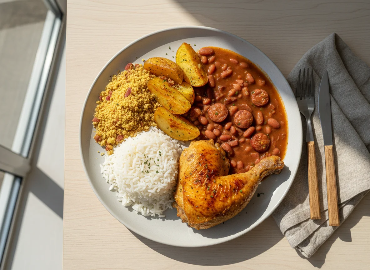 Prato feito com frango assado, arroz, feijão, farofa e batata assada photo