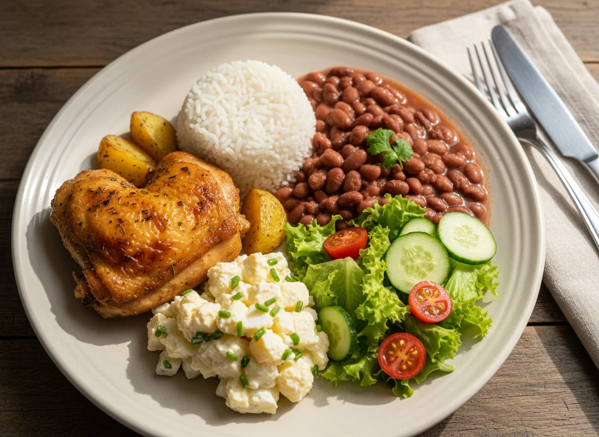 Prato feito com frango assado, arroz, feijão, salada de batata e alface photo