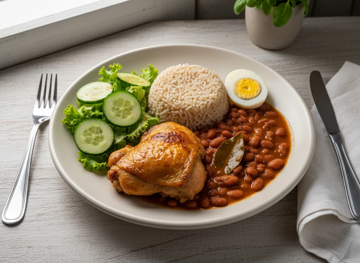 Prato feito com frango assado, arroz, feijão, salada e ovo cozido photo