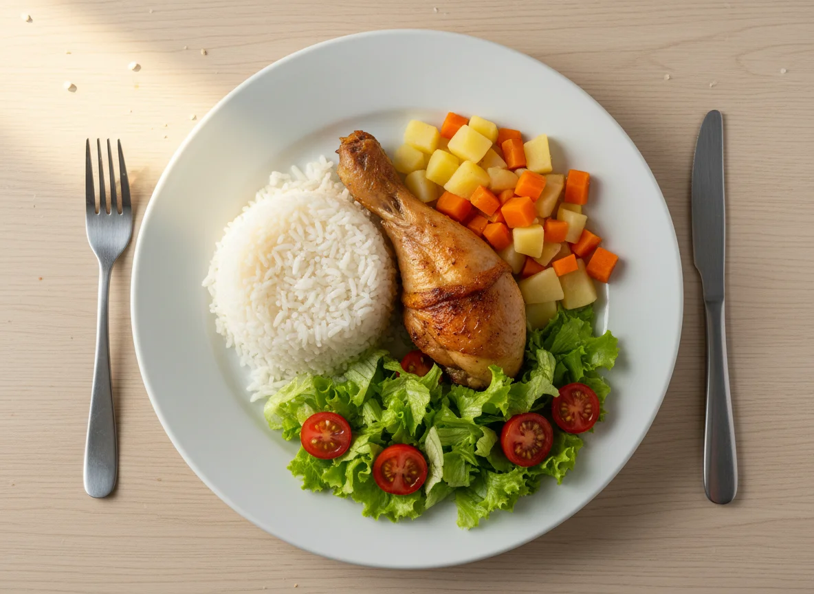 Prato Feito com Frango Assado, Arroz, Legumes e Salada photo