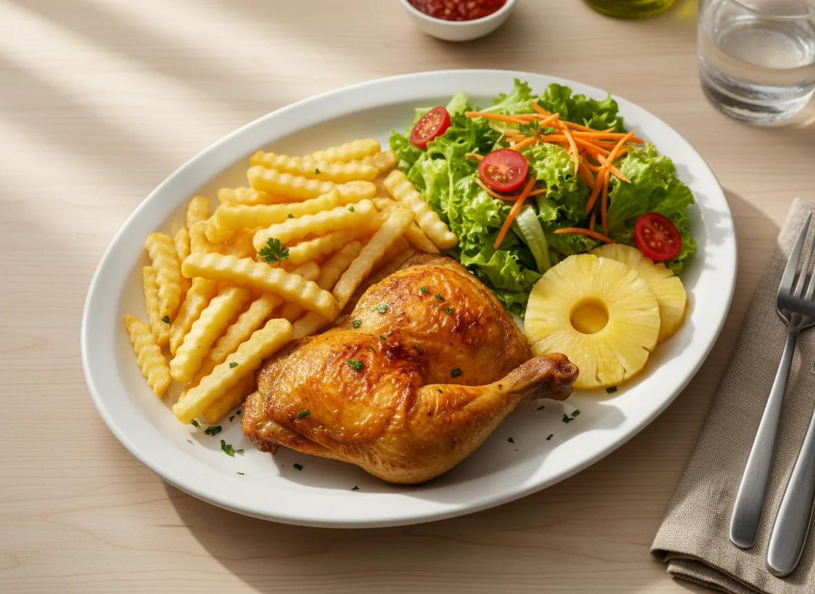 Prato feito com frango assado, batata frita, salada e abacaxi photo
