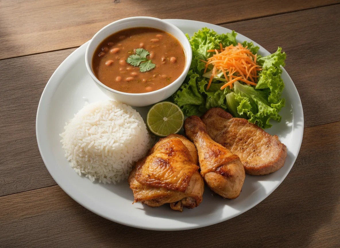 Prato Feito com Frango Assado, Carne de Porco, Arroz, Feijão e Salada photo