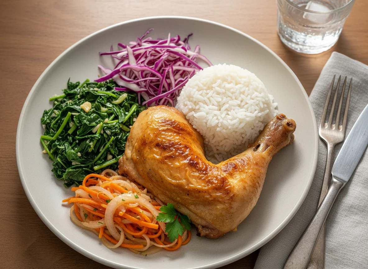 Prato feito com frango assado e saladas photo