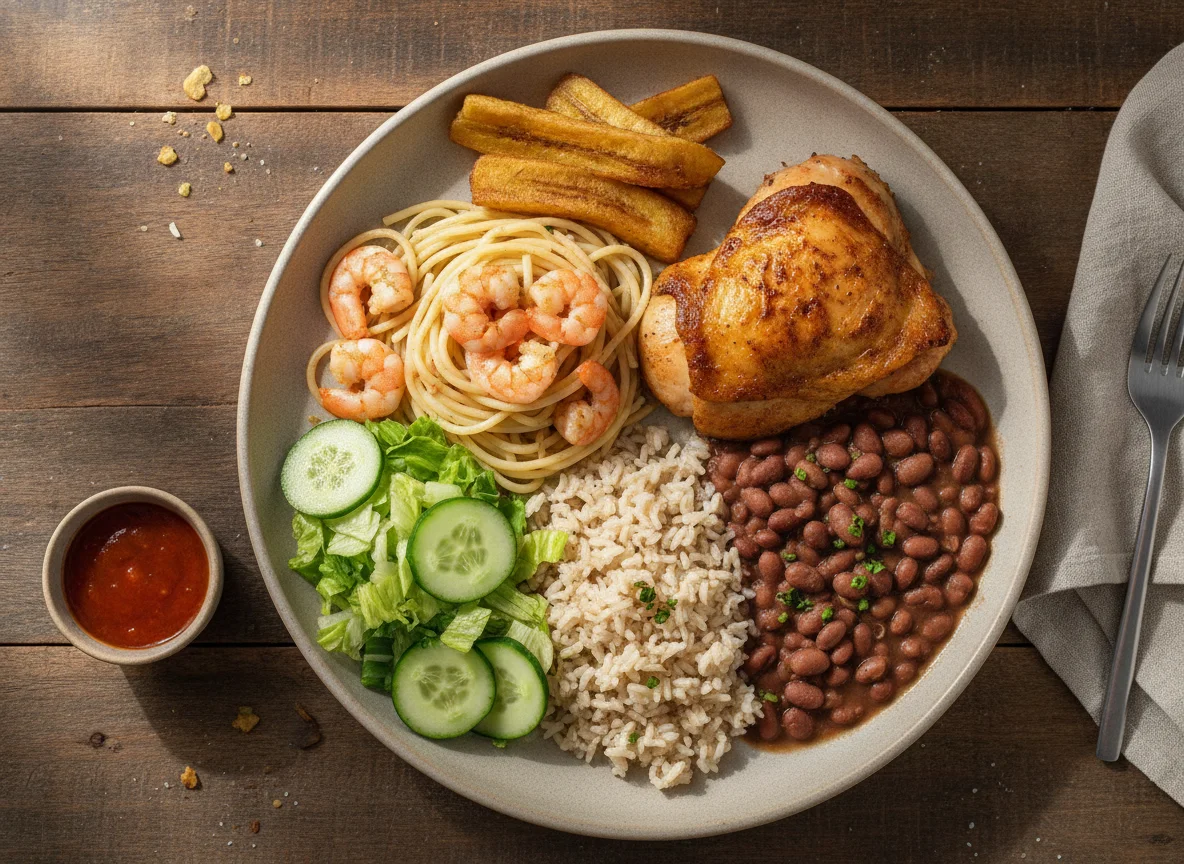 Prato Feito com Frango Assado, Espaguete com Camarão, Arroz, Feijão e Salada photo