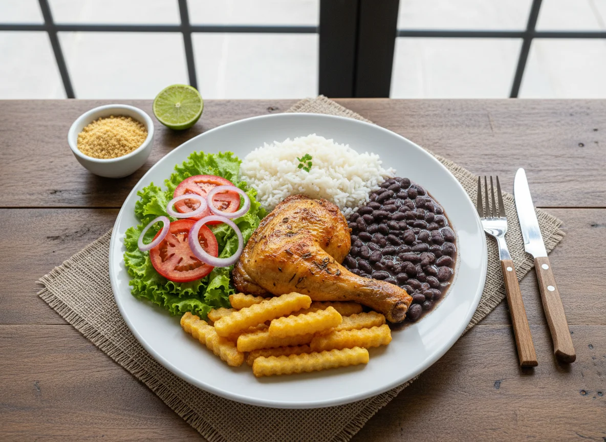 Prato Feito com Frango Assado, Feijão, Arroz, Salada e Mandioca Frita photo