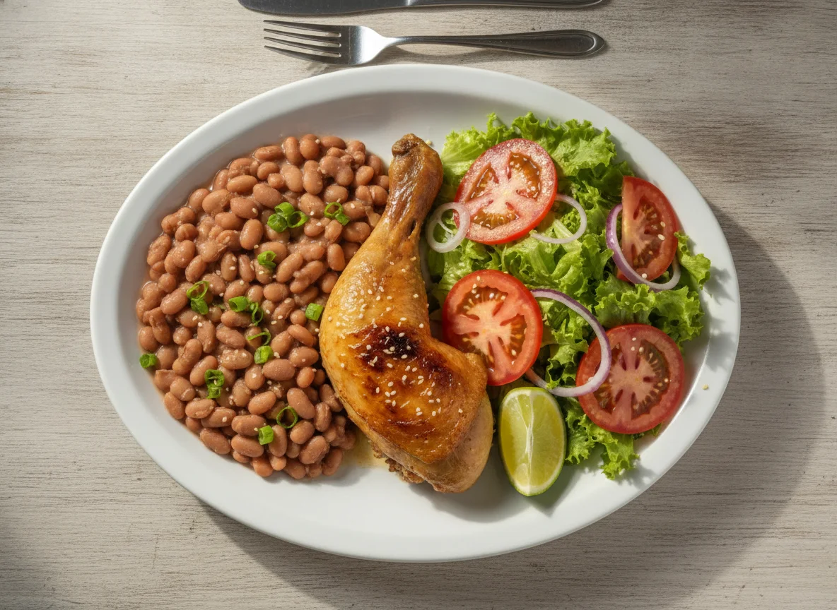 Prato feito com frango assado, feijão e salada photo