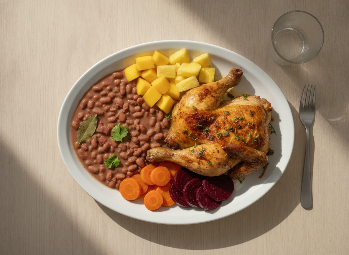 Prato feito com frango assado, feijão e vegetais photo