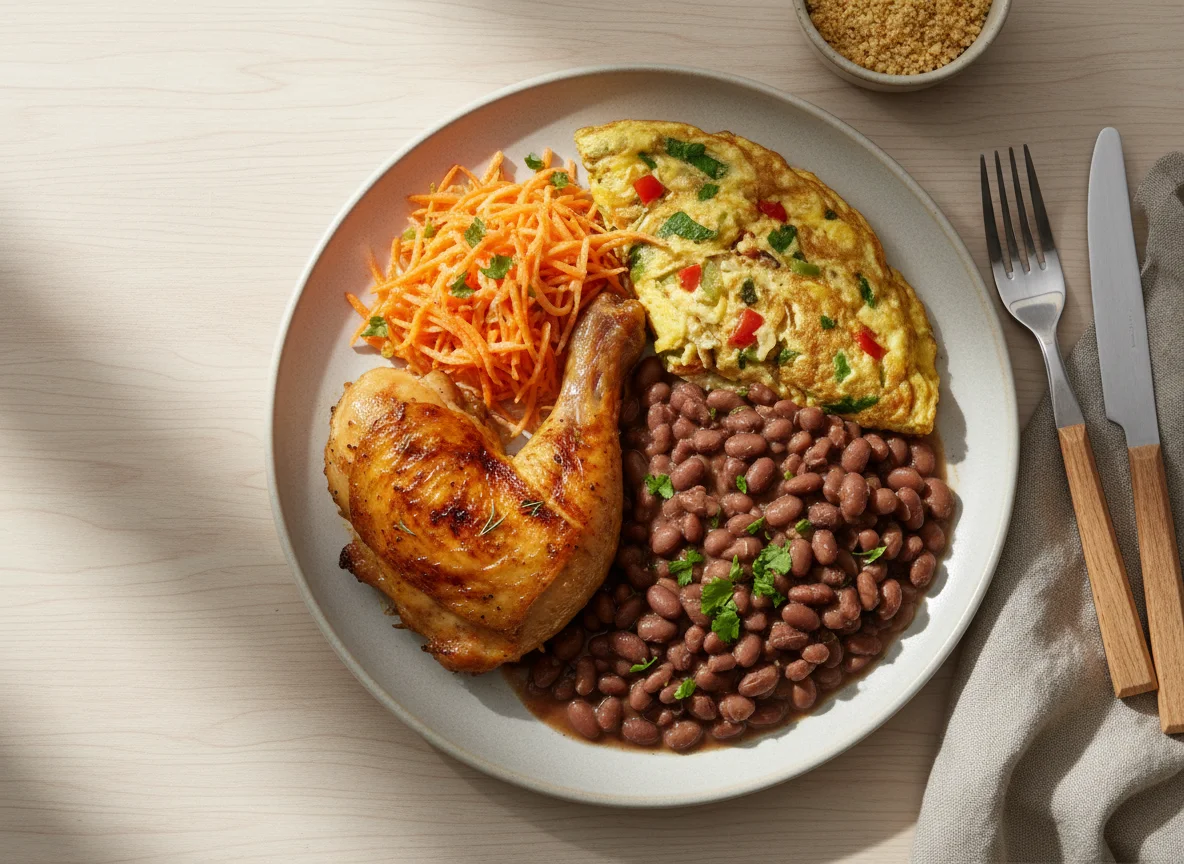 Prato feito com frango assado, feijão, omelete e salada de cenoura photo