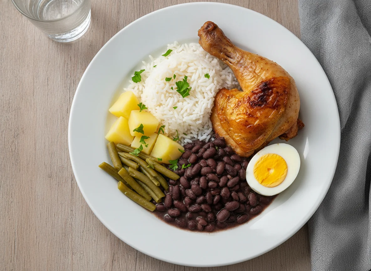 Prato feito com frango assado, ovo cozido, arroz e feijão photo