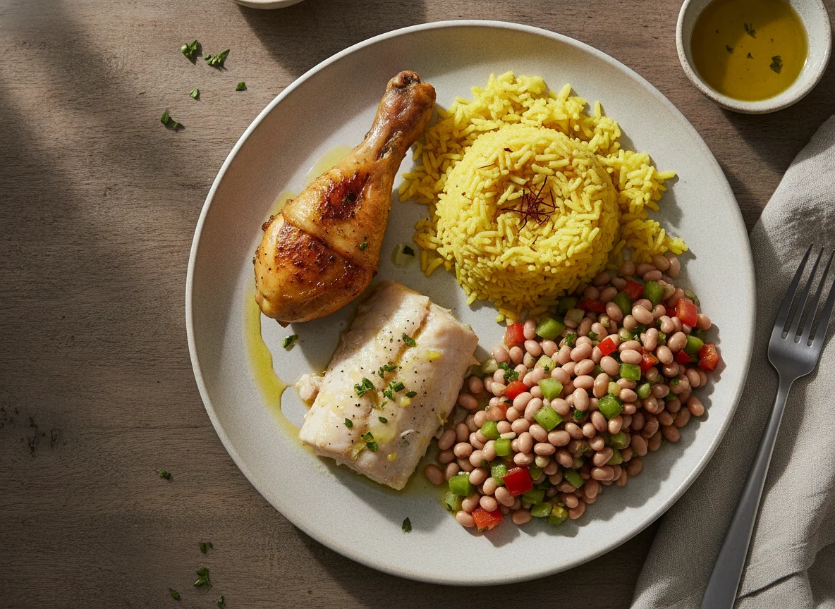 Prato feito com frango assado, peixe, arroz e salada de feijão fradinho photo