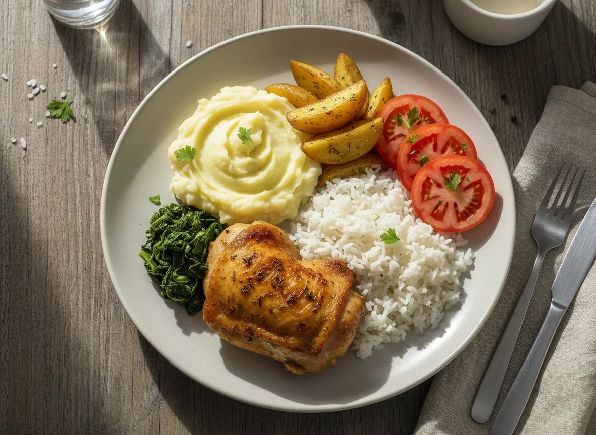 Prato feito com frango assado, purê de batata, arroz, batatas assadas e tomate photo