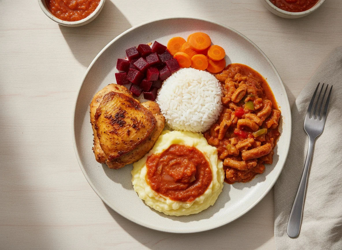 Prato feito com frango assado, purê de batata, arroz, feijão e legumes photo
