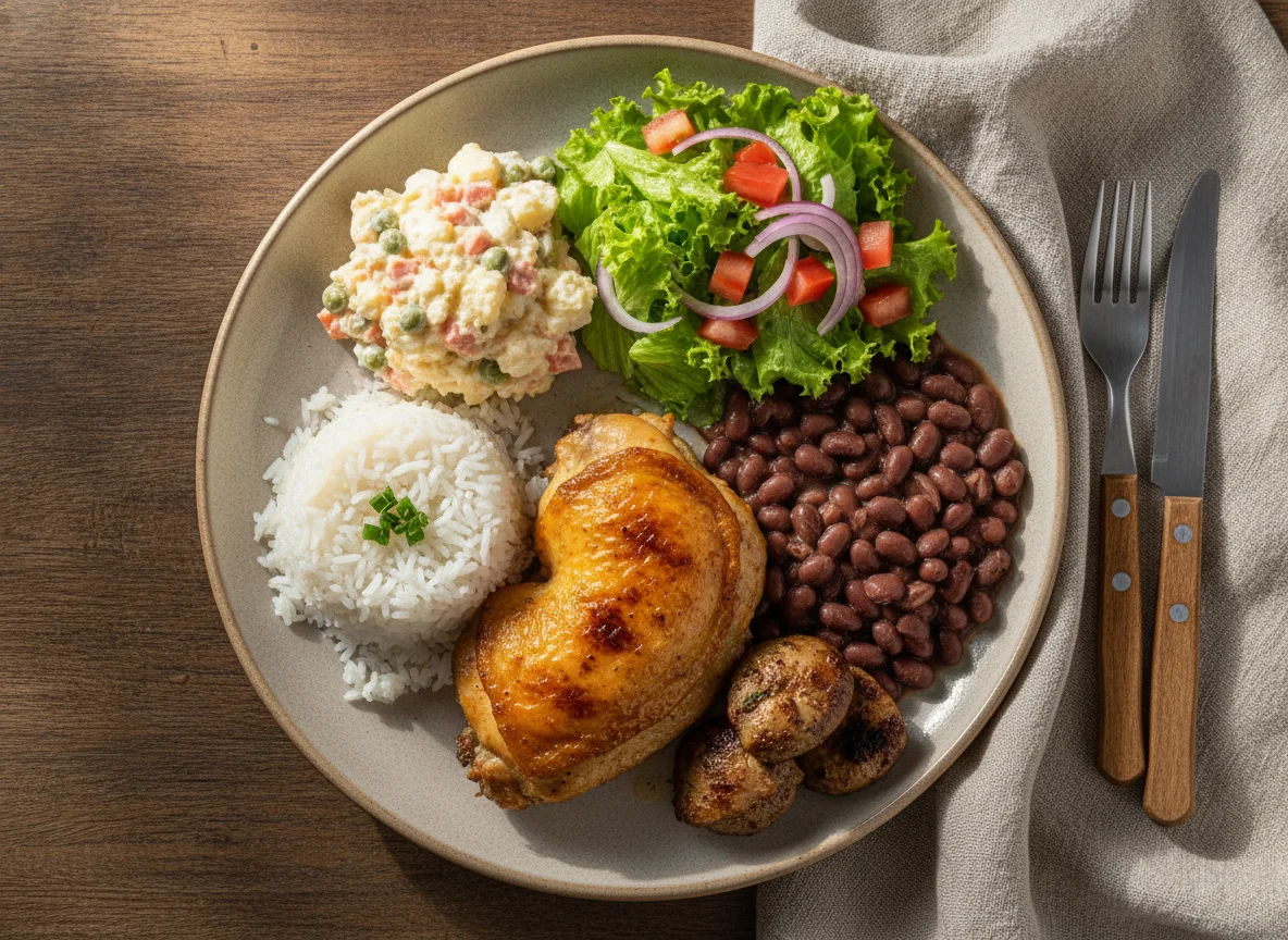 Prato Feito com Frango Assado, Salada de Maionese e Salada Verde photo