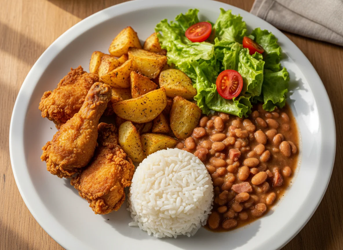 Prato feito com frango, batata, arroz, feijão e salada photo