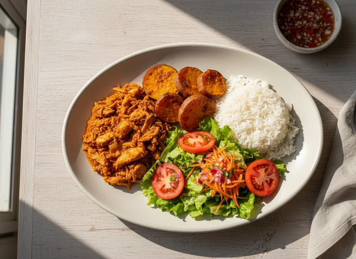 Prato feito com frango, batata doce, arroz e salada photo