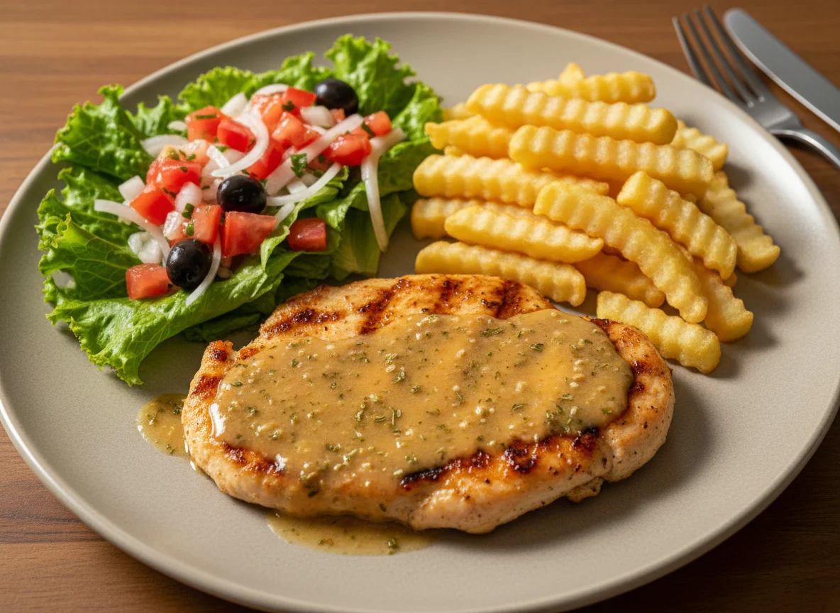 Prato feito com frango, batata frita e salada photo