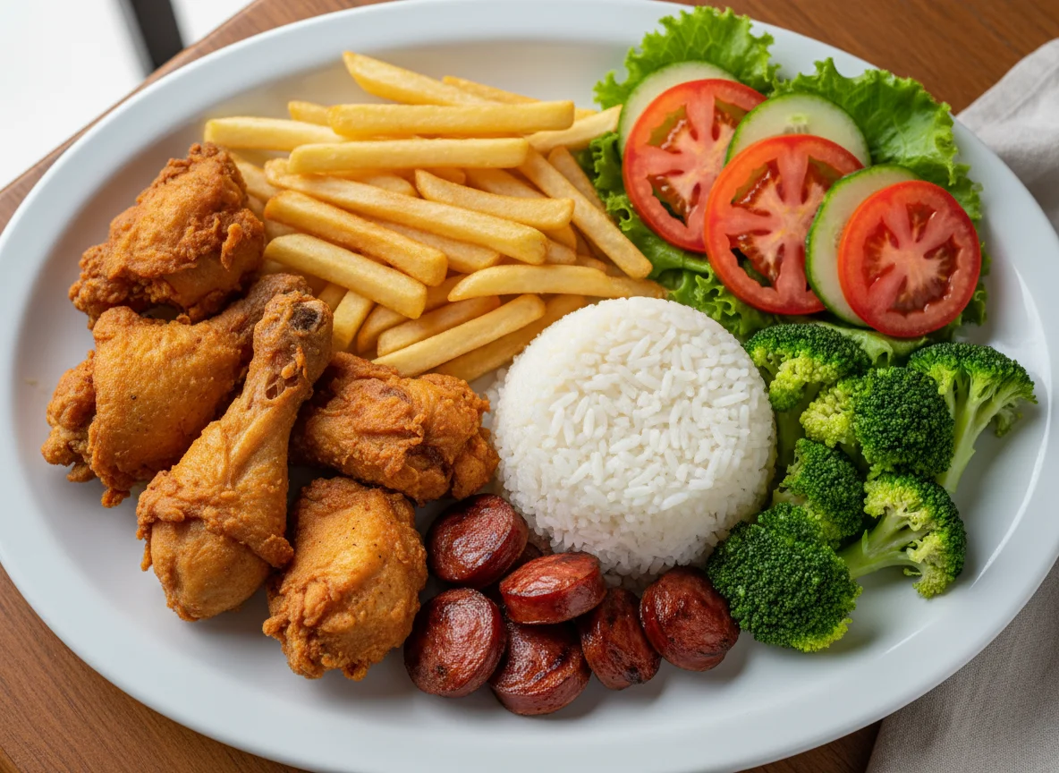 Prato feito com frango, batata frita, linguiça e salada photo