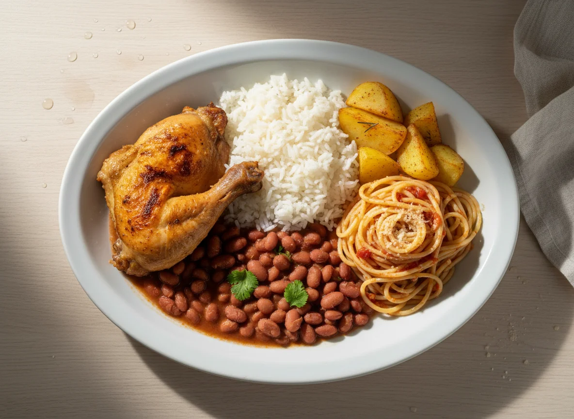 Prato feito com frango, batatas, arroz, feijão e macarrão photo