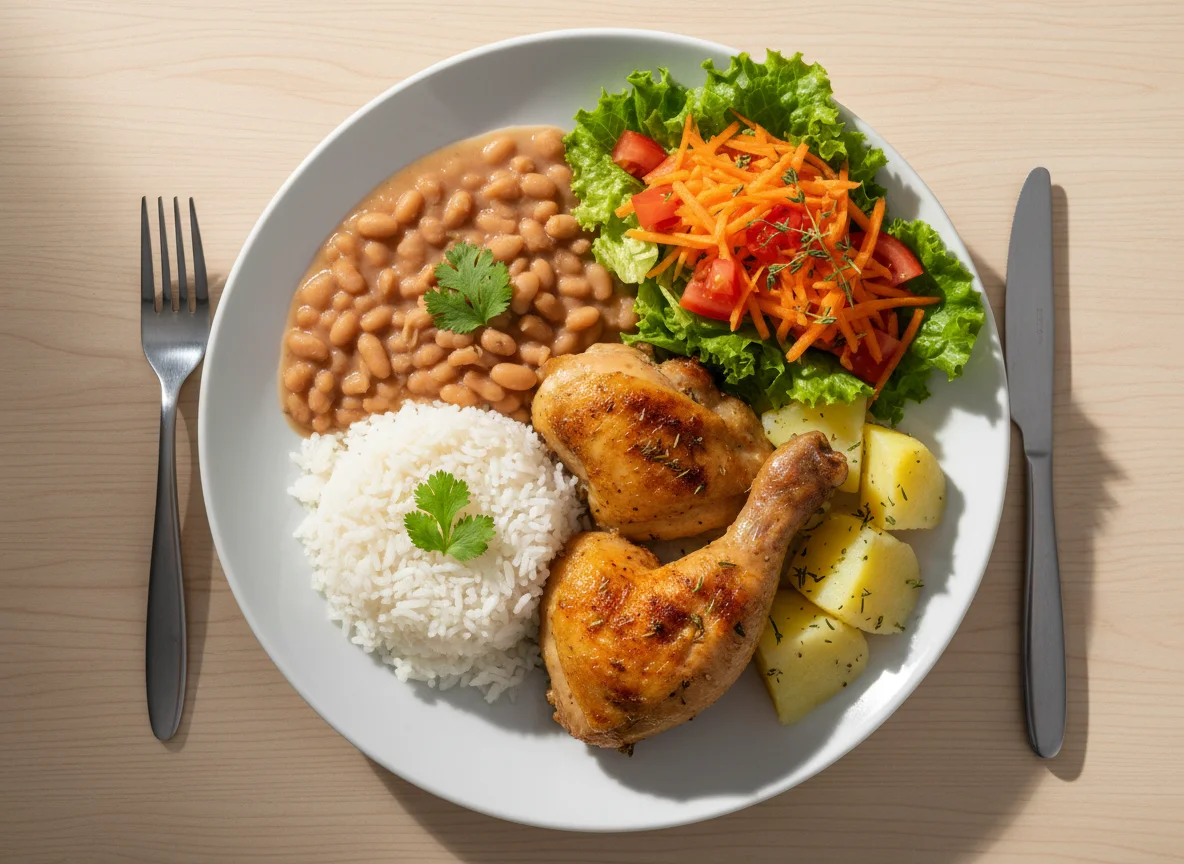 Prato feito com frango, batatas, arroz, feijão e salada photo