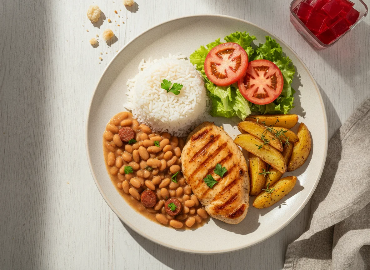 Prato feito com frango, batatas, arroz, feijão, salada e gelatina photo