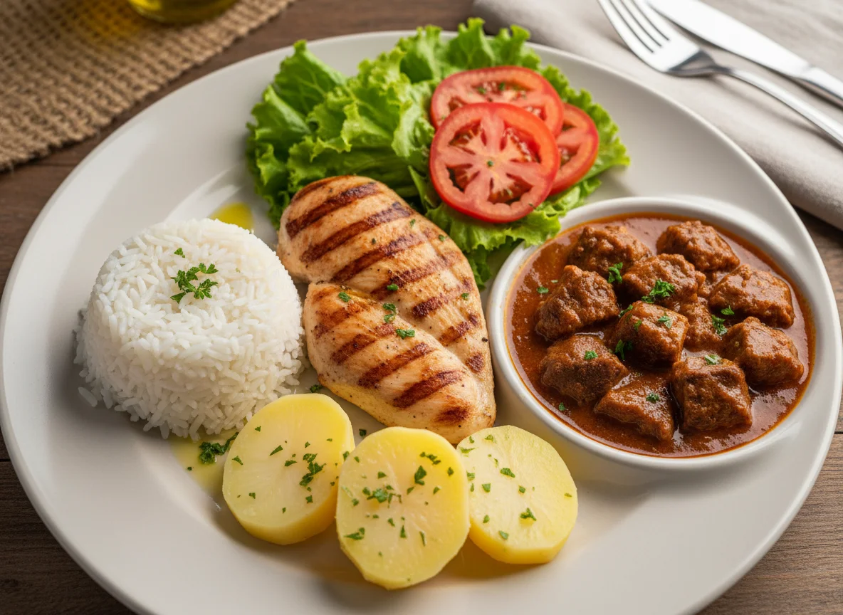 Prato feito com frango, carne, arroz, batata e salada photo