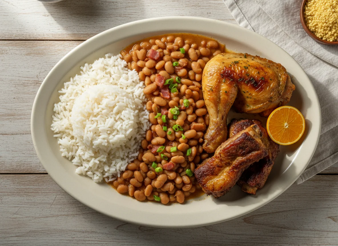 Prato feito com frango, carne de porco, arroz e feijão photo