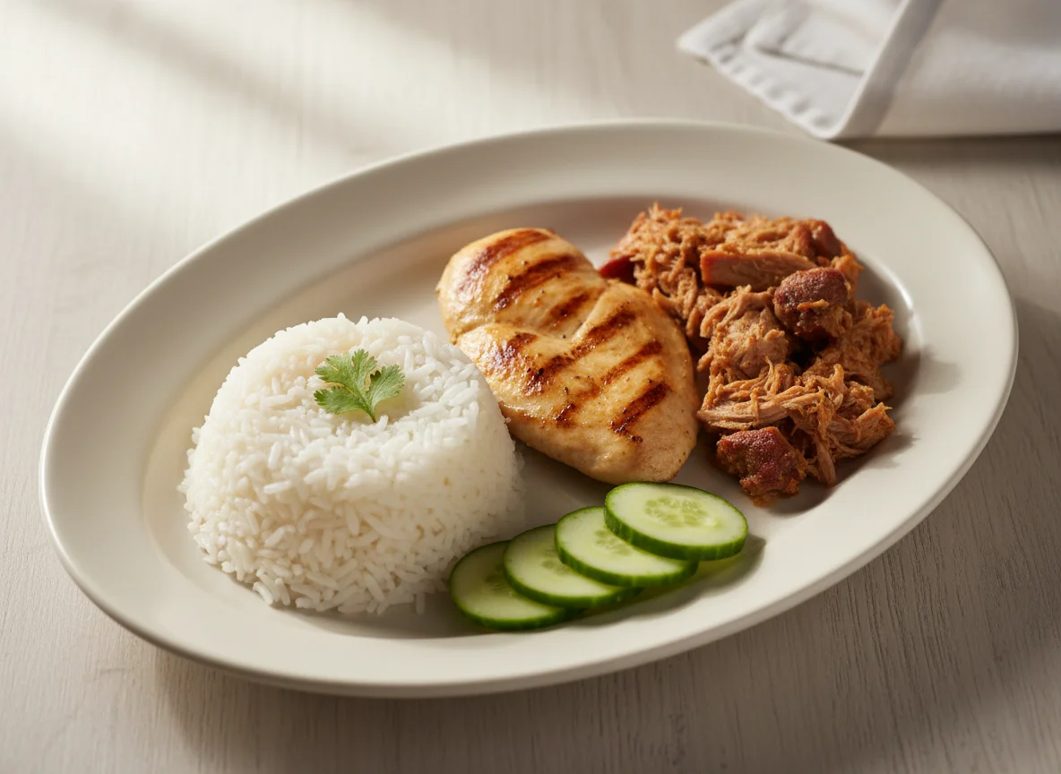 Prato feito com frango, carne de porco, arroz e pepino photo