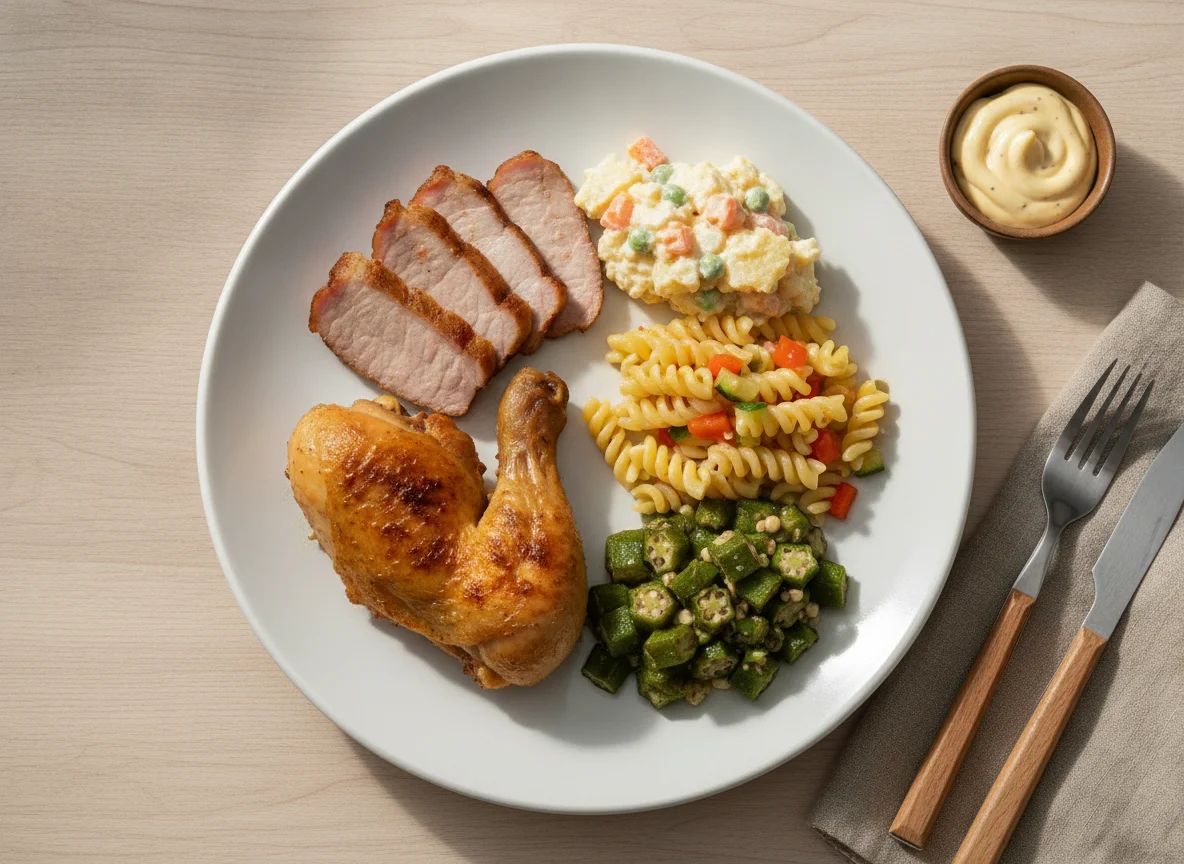 Prato Feito com Frango, Carne de Porco e Acompanhamentos photo