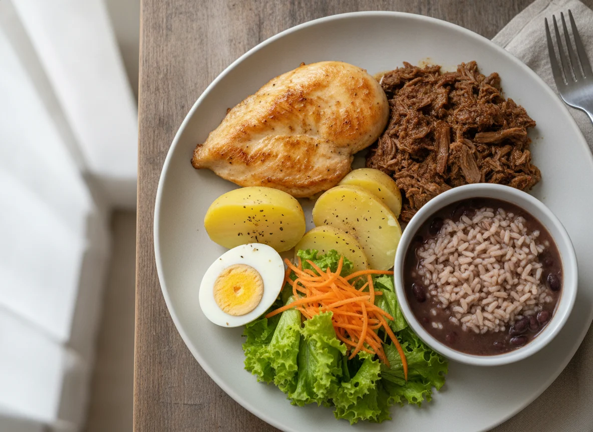 Prato feito com frango, carne desfiada, batatas e salada photo