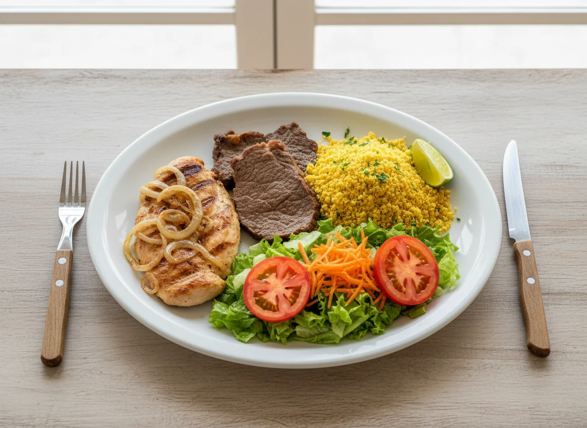 Prato feito com frango, carne, farofa e salada photo