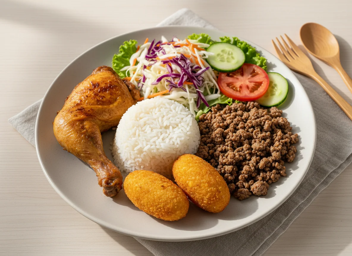 Prato feito com frango, carne moída, arroz, salada e bolinho photo