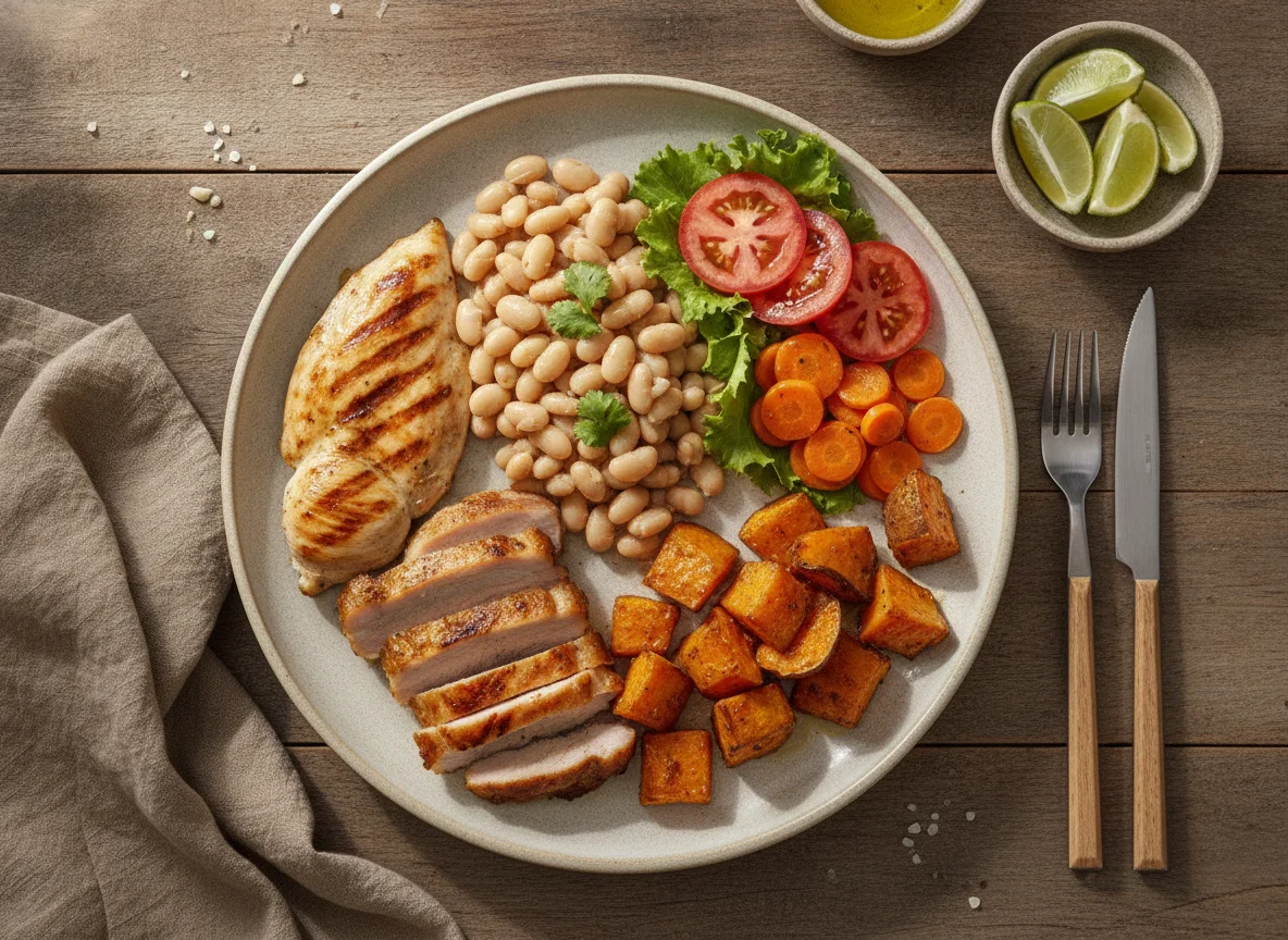 Prato feito com frango, carne suína, batata doce e salada photo