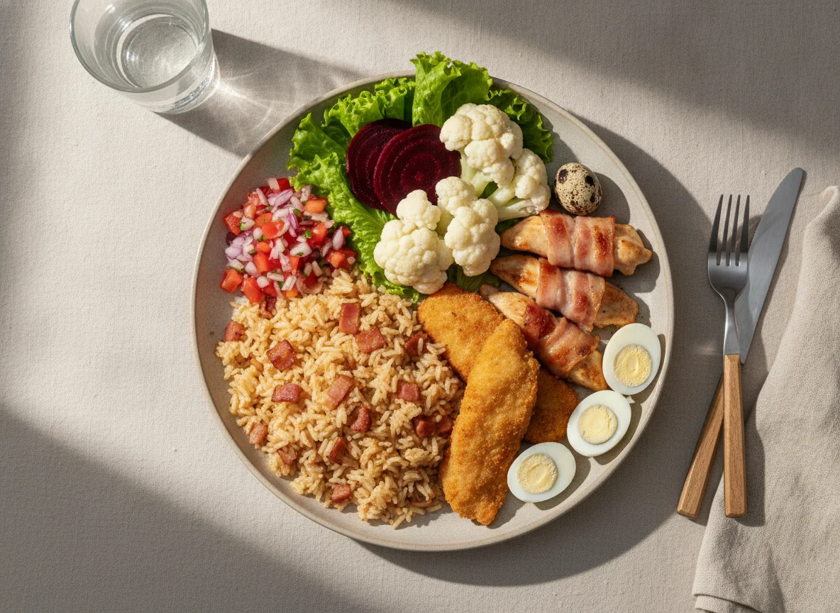 Prato feito com frango com bacon, ovos de codorna e salada photo