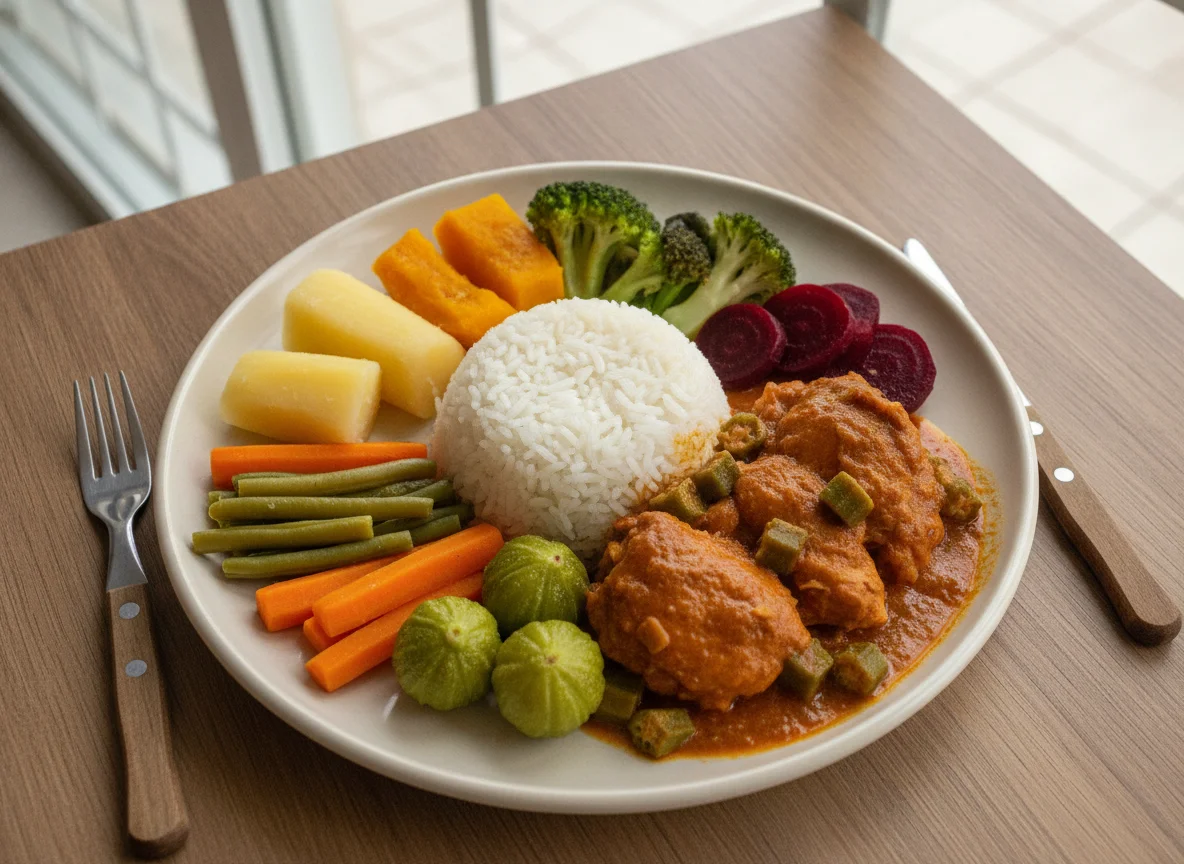 Prato feito com frango com quiabo, arroz e legumes photo