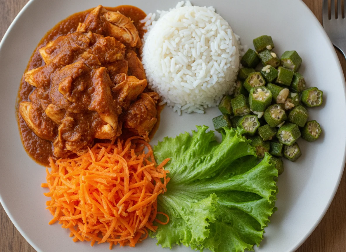 Prato feito com frango cozido, arroz, quiabo, cenoura e alface photo