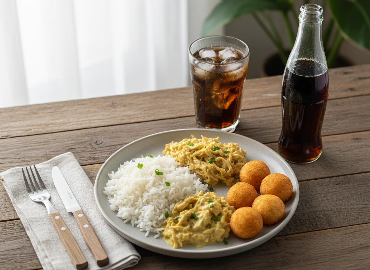 Prato feito com frango cremoso, arroz e bolinhas de queijo photo