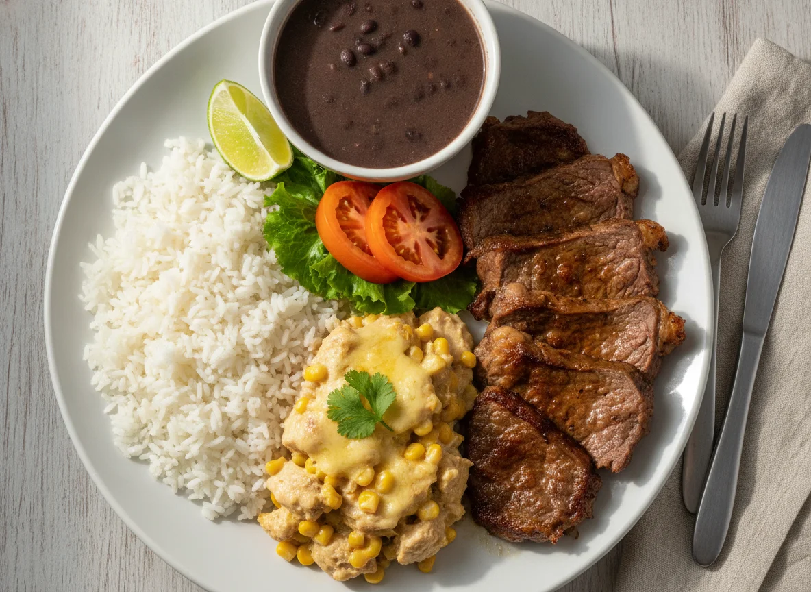 Prato feito com frango cremoso, arroz e carne photo