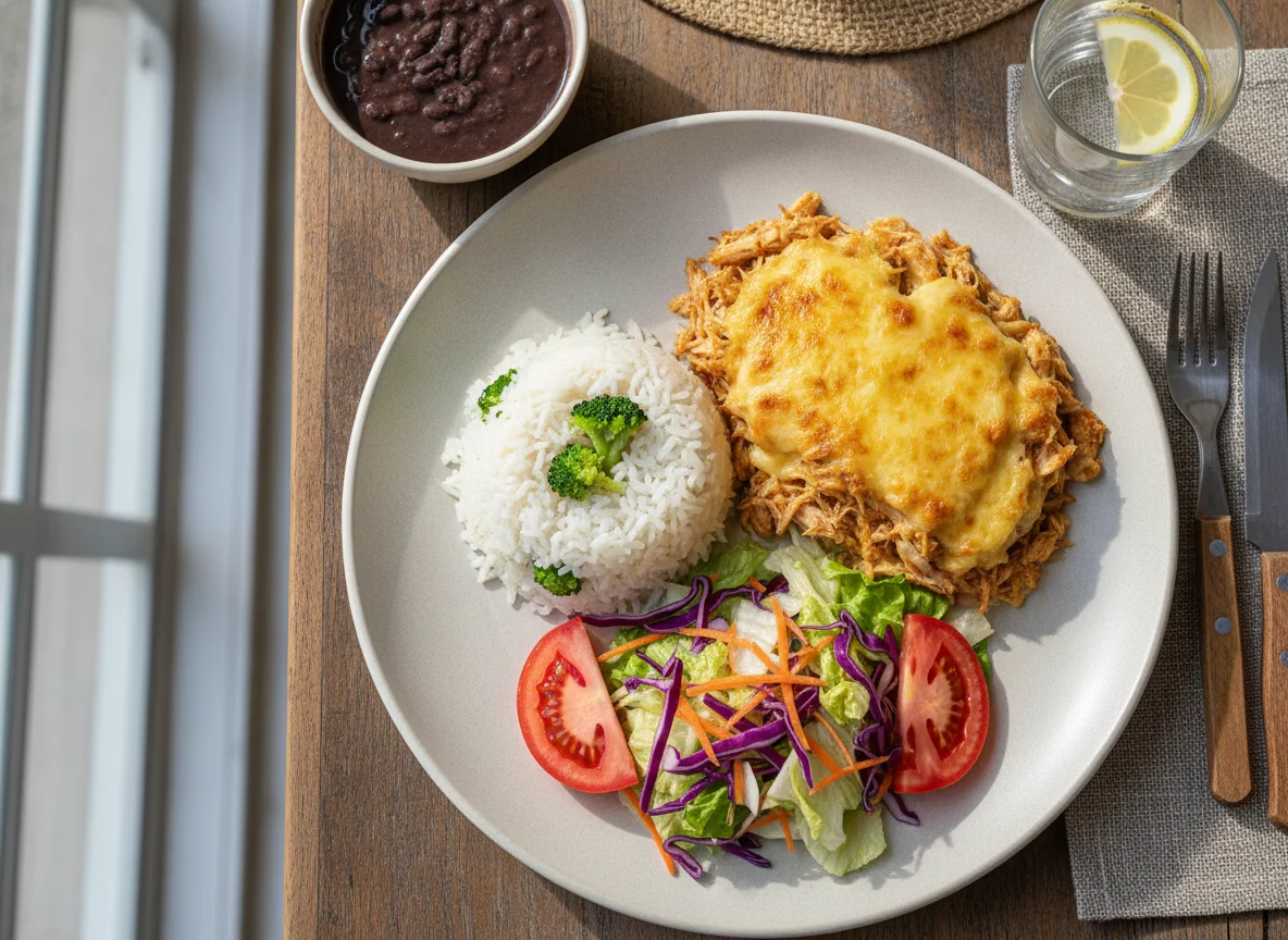 Prato feito com frango desfiado, arroz, brócolis e salada photo
