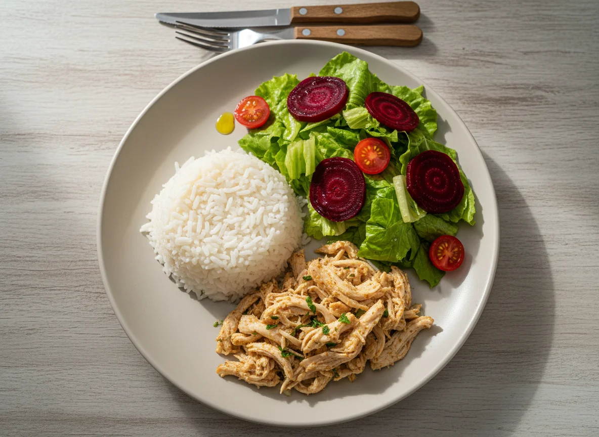 Prato feito com frango desfiado, arroz e salada photo