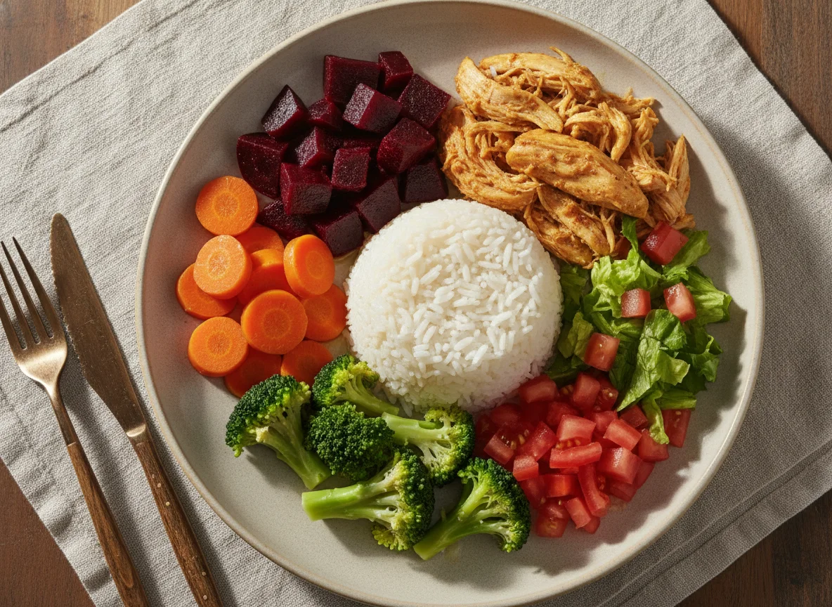 Prato feito com frango desfiado, arroz e vegetais photo