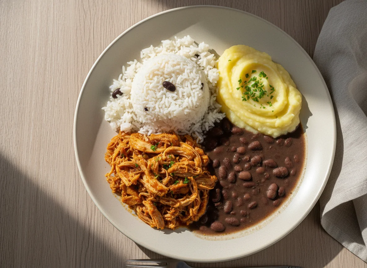 Prato feito com frango desfiado, arroz, feijão e purê de batata photo