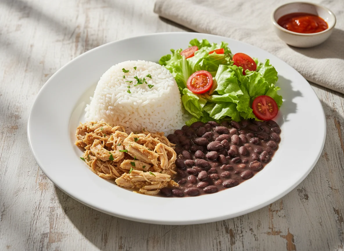 Prato feito com frango desfiado, arroz, feijão e salada photo
