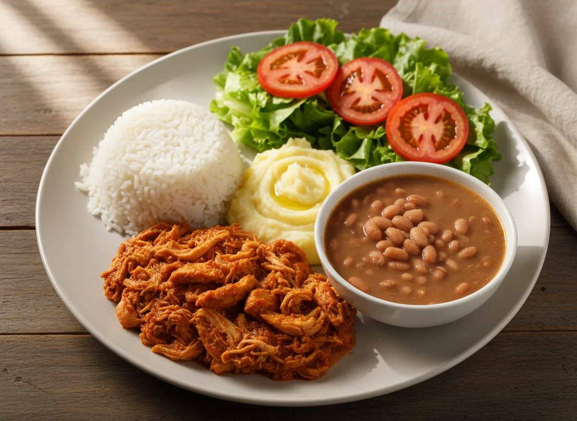Prato feito com frango desfiado, arroz, feijão, purê de batata e salada photo