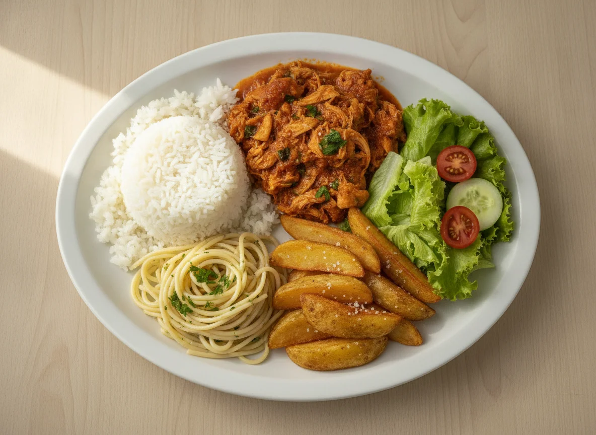Prato feito com frango desfiado, arroz, macarrão, batatas rústicas e salada photo