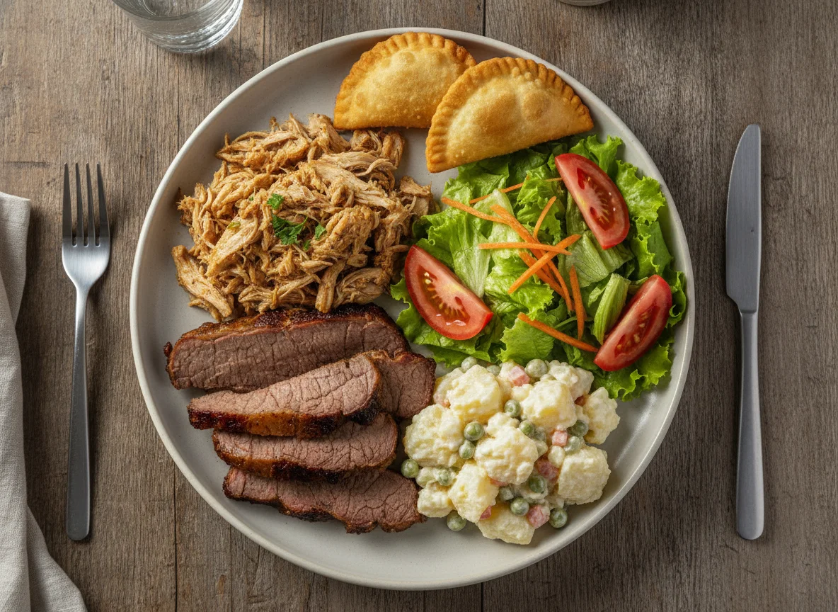 Prato feito com frango desfiado, carne assada, salada de batata e salada verde photo