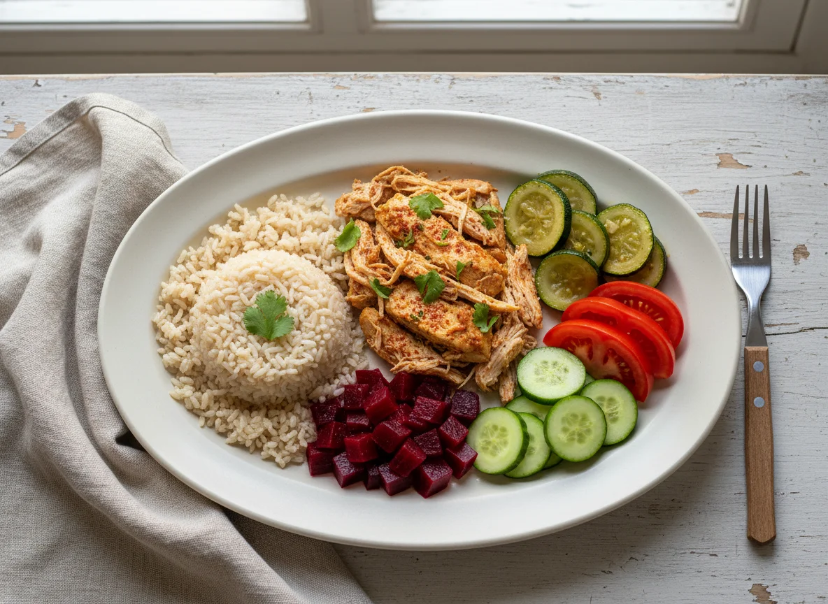 Prato feito com frango desfiado e acompanhamentos photo