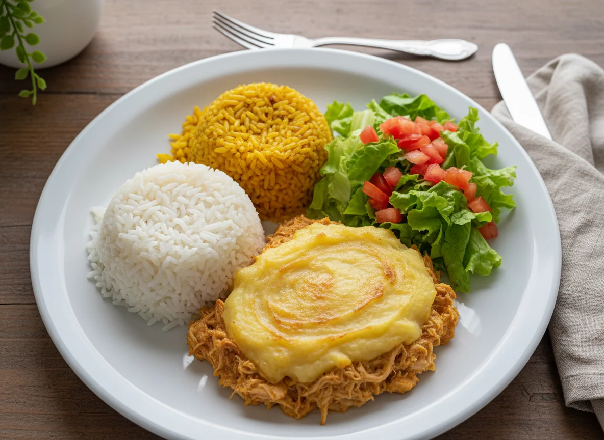 Prato feito com frango desfiado e arroz photo