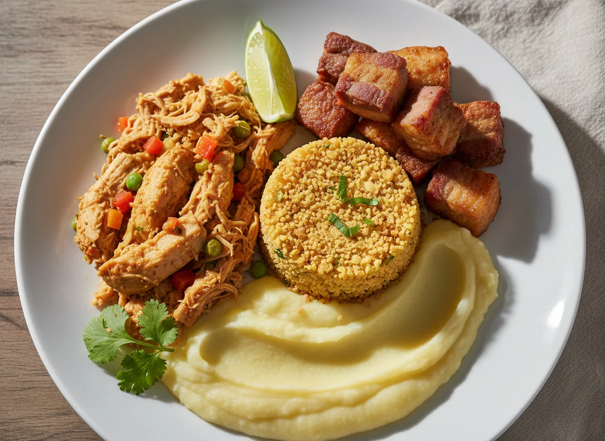 Prato feito com frango desfiado, farofa, purê de batata e carne de porco photo