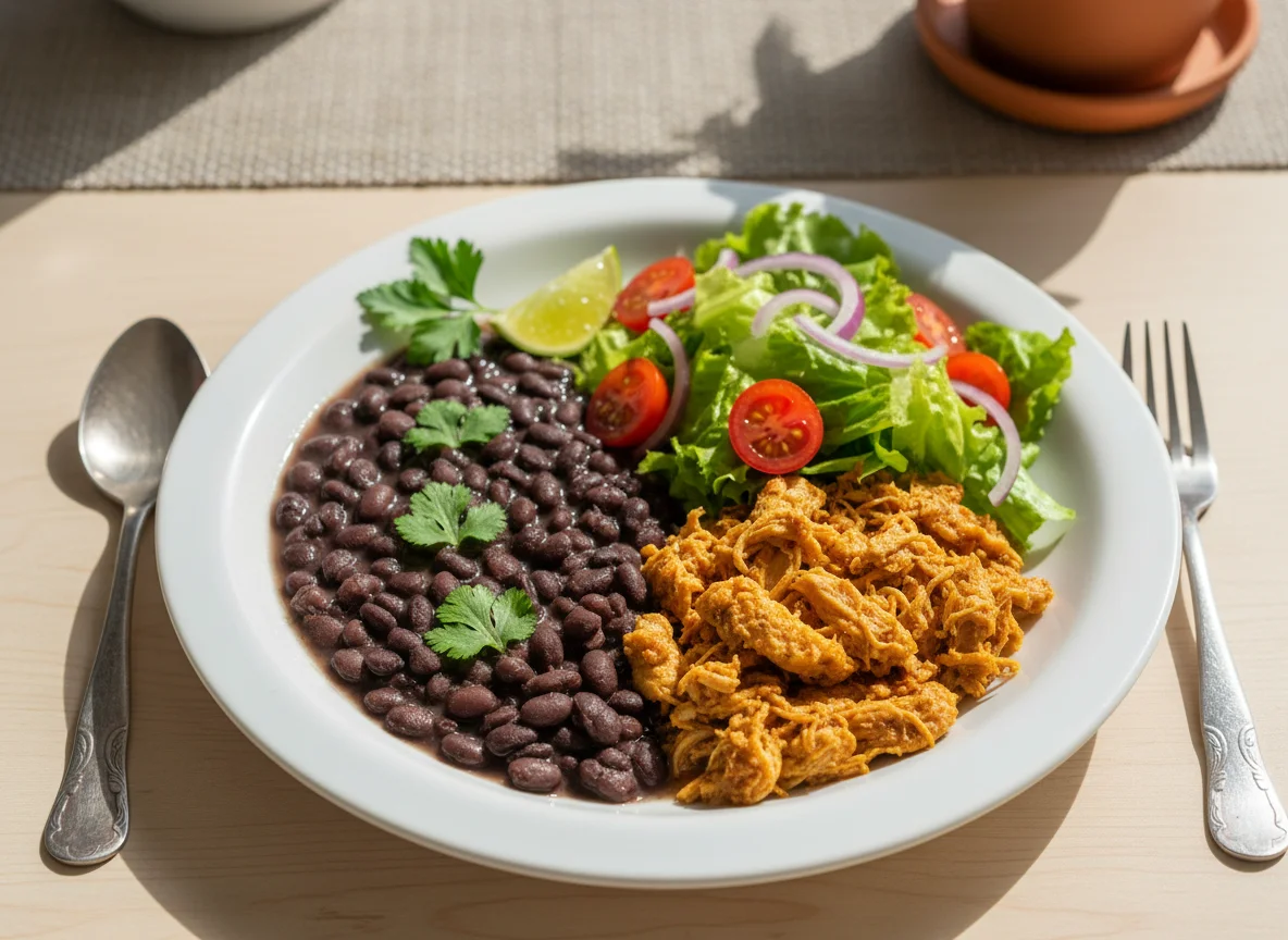 Prato Feito com Frango Desfiado, Feijão e Salada photo